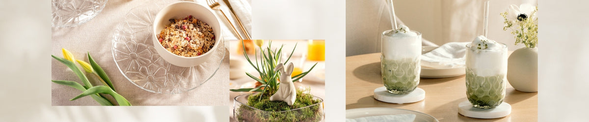 Frühjahrsdekorationen mit Tulpen, Blumenkübel, Gläsern mit grünen Pflanzen und Blüten in hellen Naturtönen
