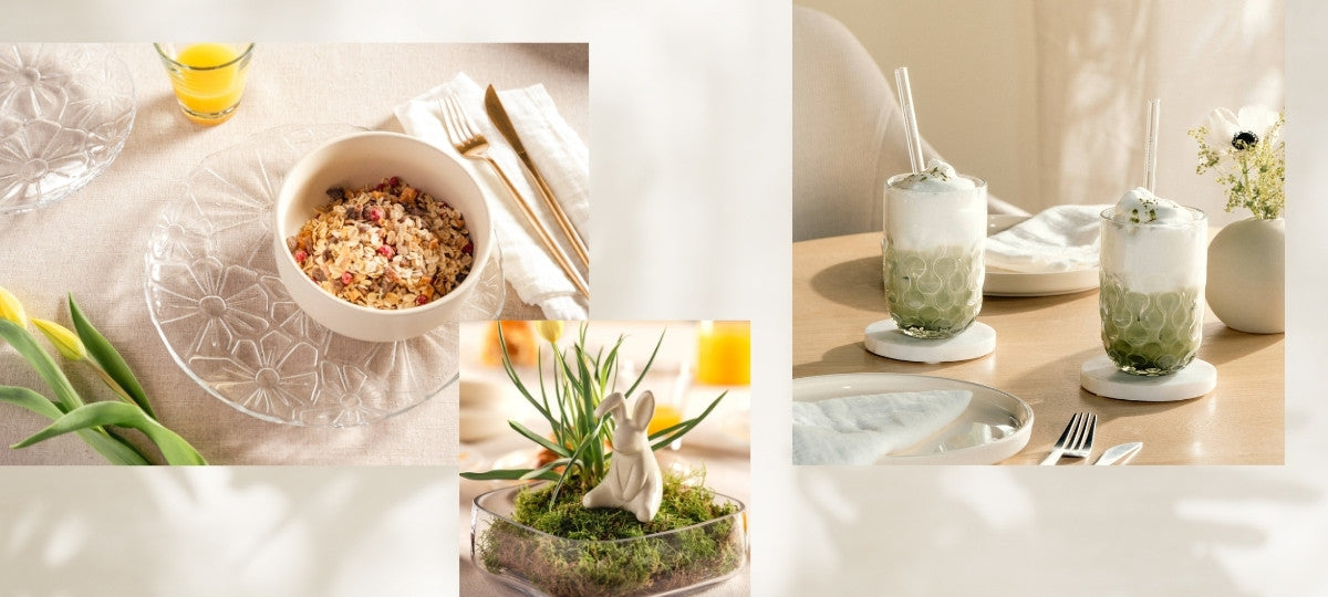 Frühlingsdekoration mit Müsli-Schale, Cocktails mit Minze, Tulpen im Moos und hellen Accessoires in Beige- und Grüntönen