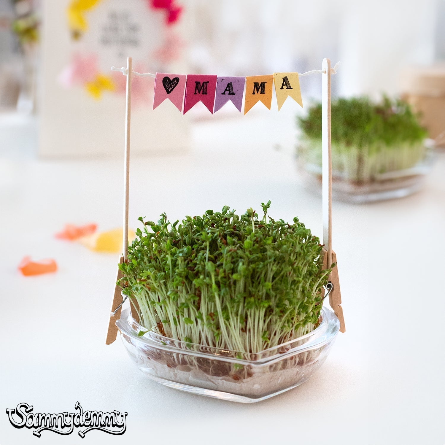 In einer kleinen Glasschale wächst frische Kresse, verziert mit einer liebevoll gebastelten Wimpelkette, die das Wort „Mama“ zeigt – eine charmante DIY-Idee zum Muttertag.