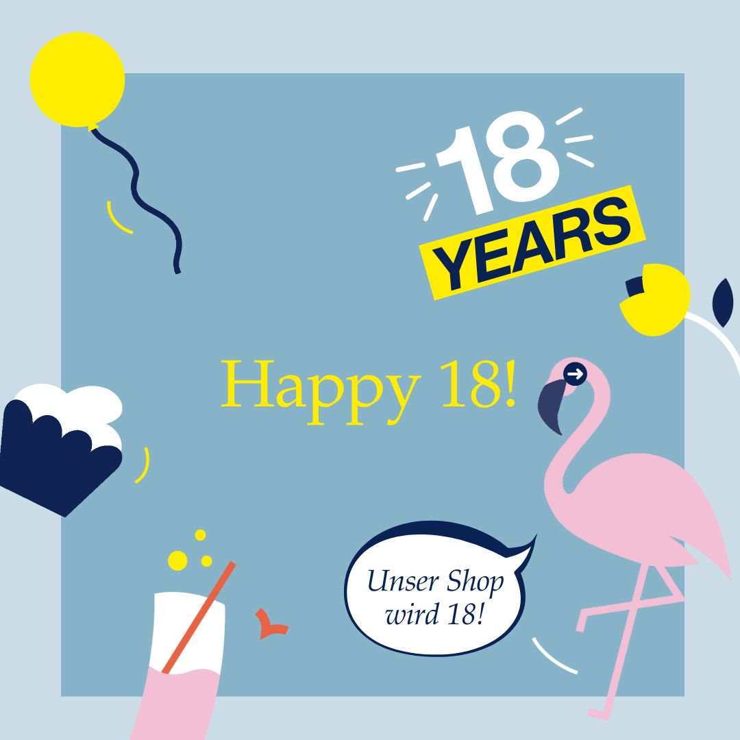 Illustration mit der Aufschrift „Happy 18!“ und „Unser Shop wird 18!“ – bunte Geburtstagsgrafik mit Flamingo, Luftballon, Torte und Drink zum 18. Jubiläum des LEONARDO Onlineshops.