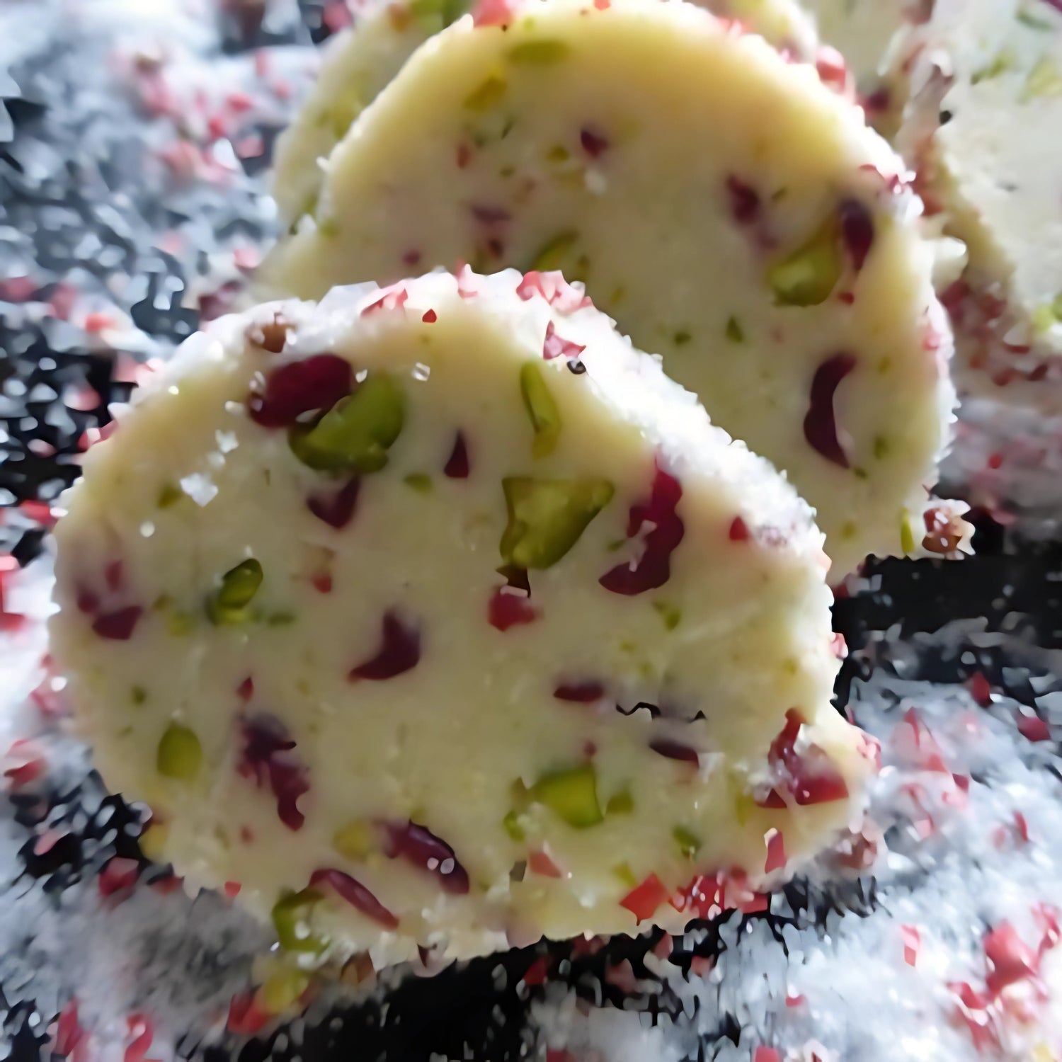 Weihnachtsplätzchen mit Pistazien und Cranberrys in Scheiben geschnitten.