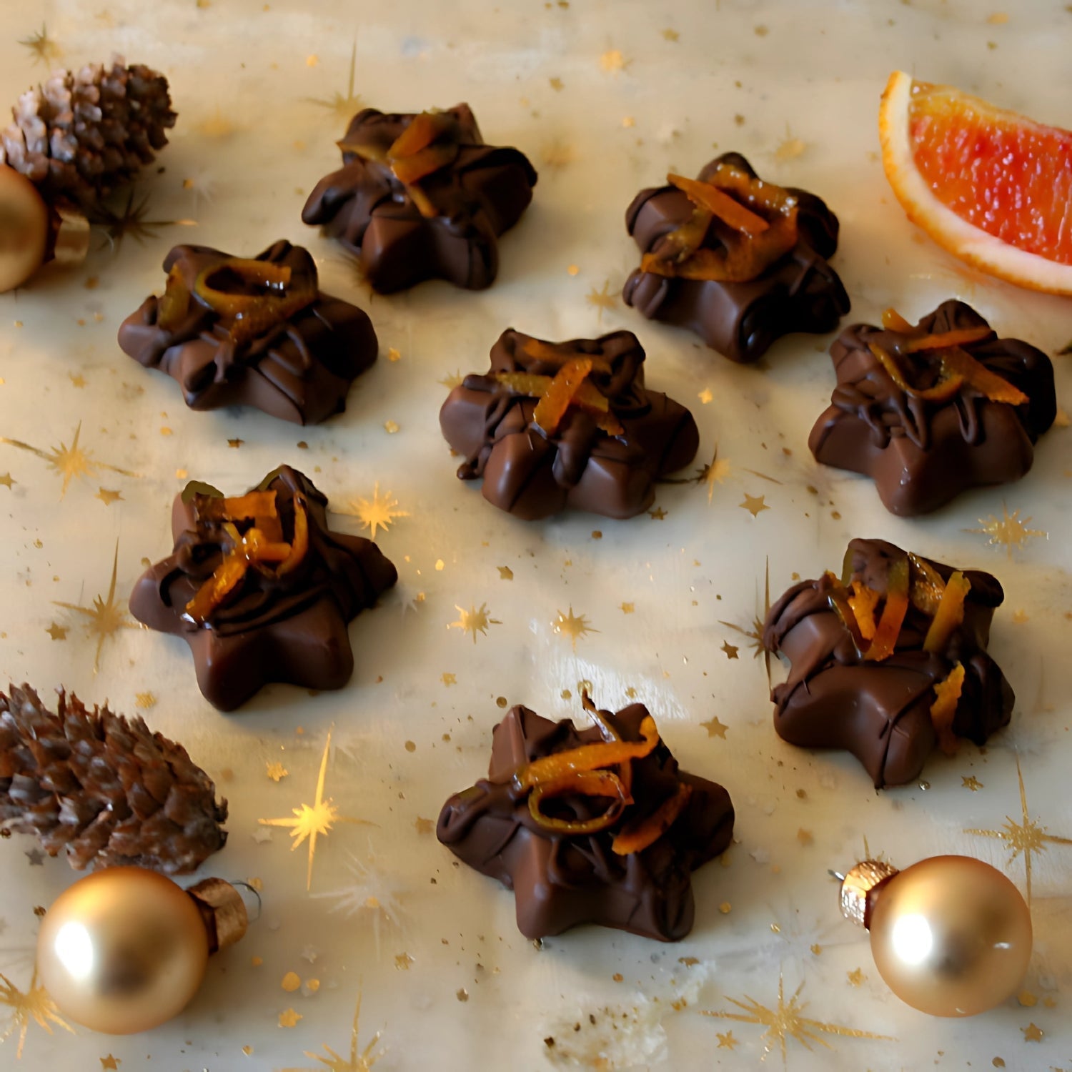 Schokosterne mit kandierter Orange auf festlichem Untergrund.