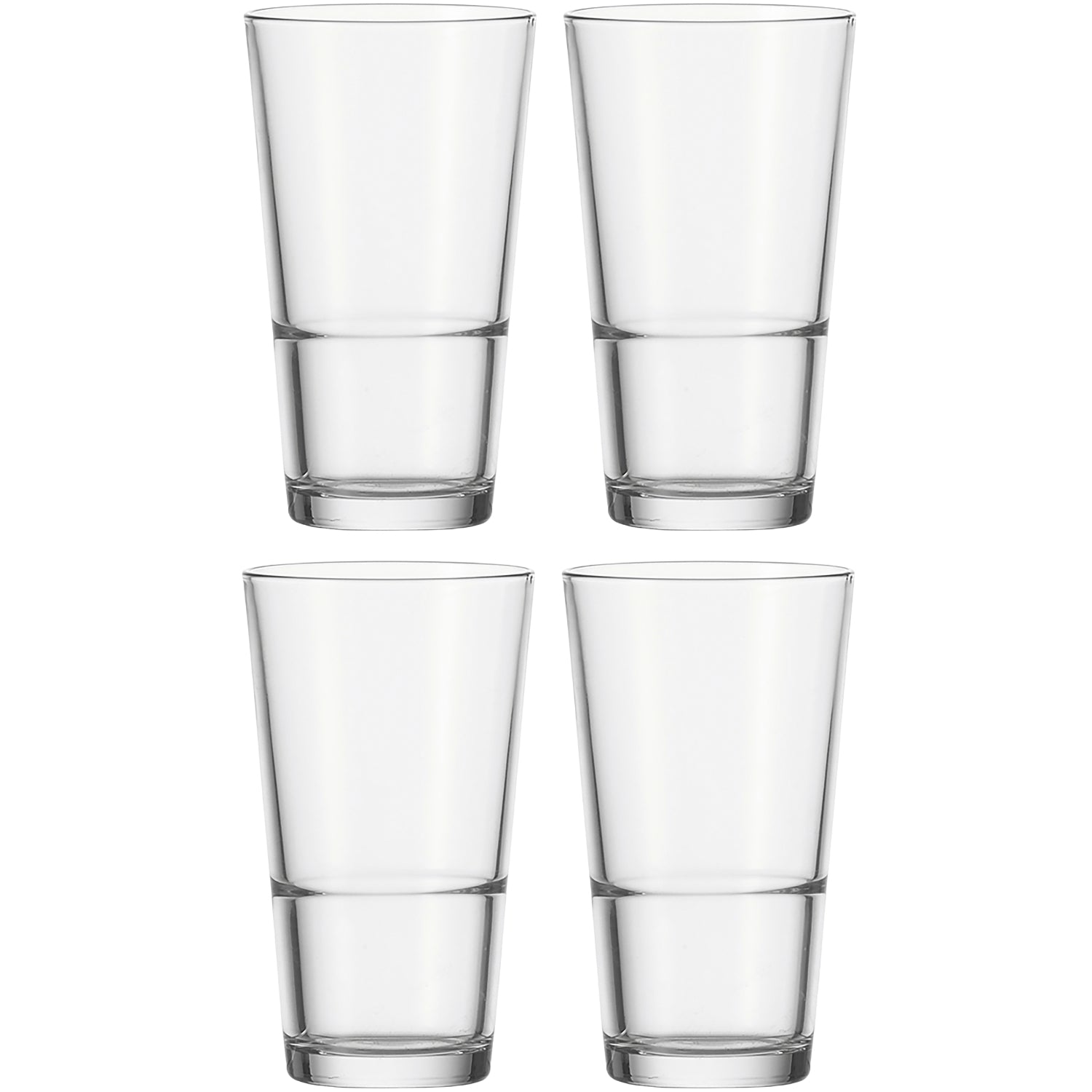 Vier klare Trinkgläser EVENT 550 ml im 4er-Set, angeordnet in zwei Reihen