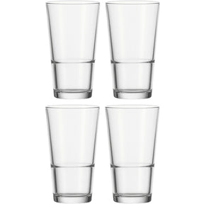 Vier klare Trinkgläser EVENT 550 ml im 4er-Set, angeordnet in zwei Reihen