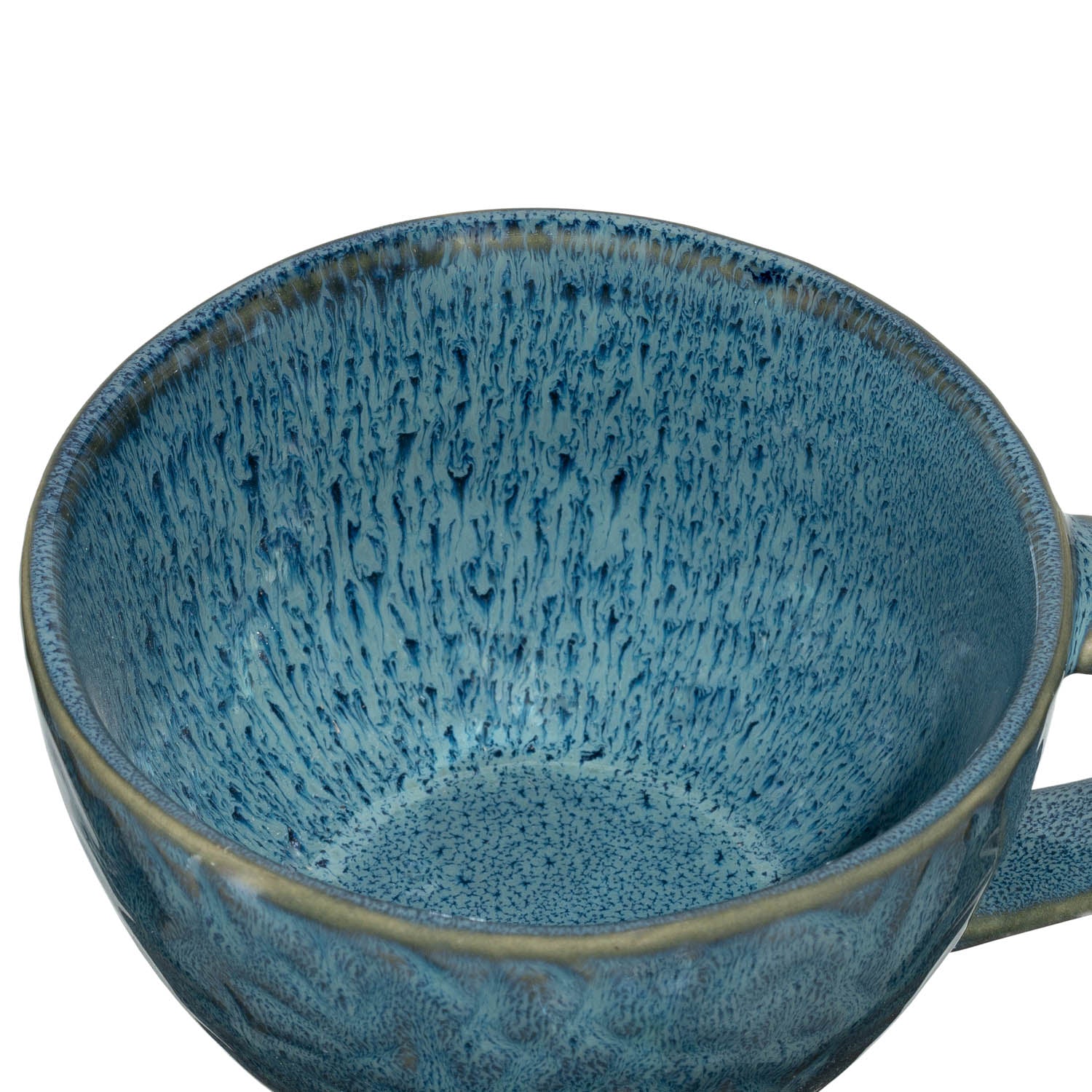 Keramiktasse MATERA blau von innen, strukturierte Oberflaeche, Henkel sichtbar