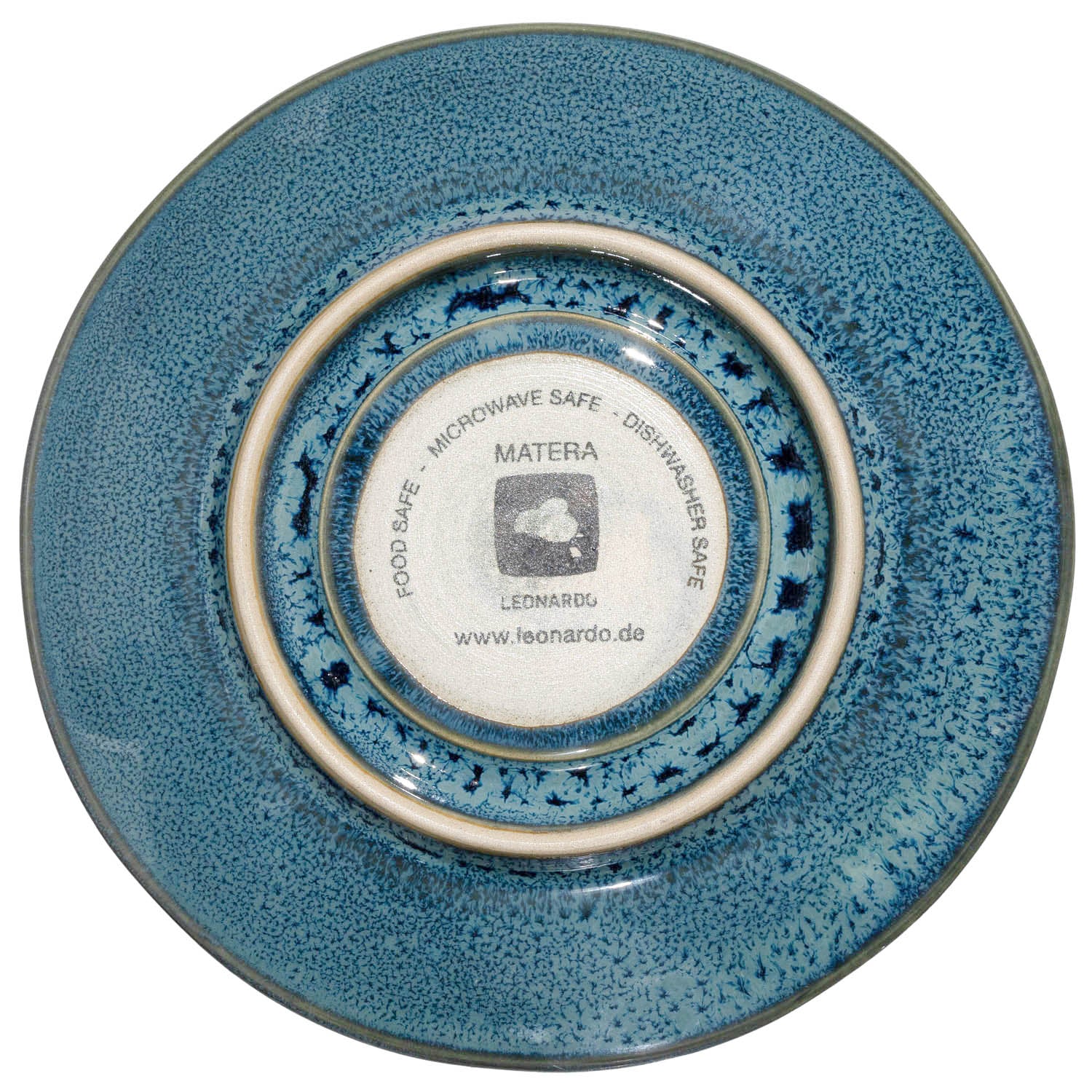 Keramikuntertasse MATERA blau von oben, Herstellerinformation auf Unterseite sichtbar