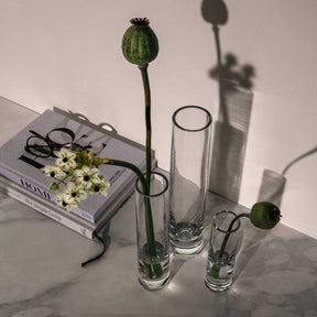 Solifleurvase NOVARA mit Mohnkapseln und weißen Blüten in Dekoration