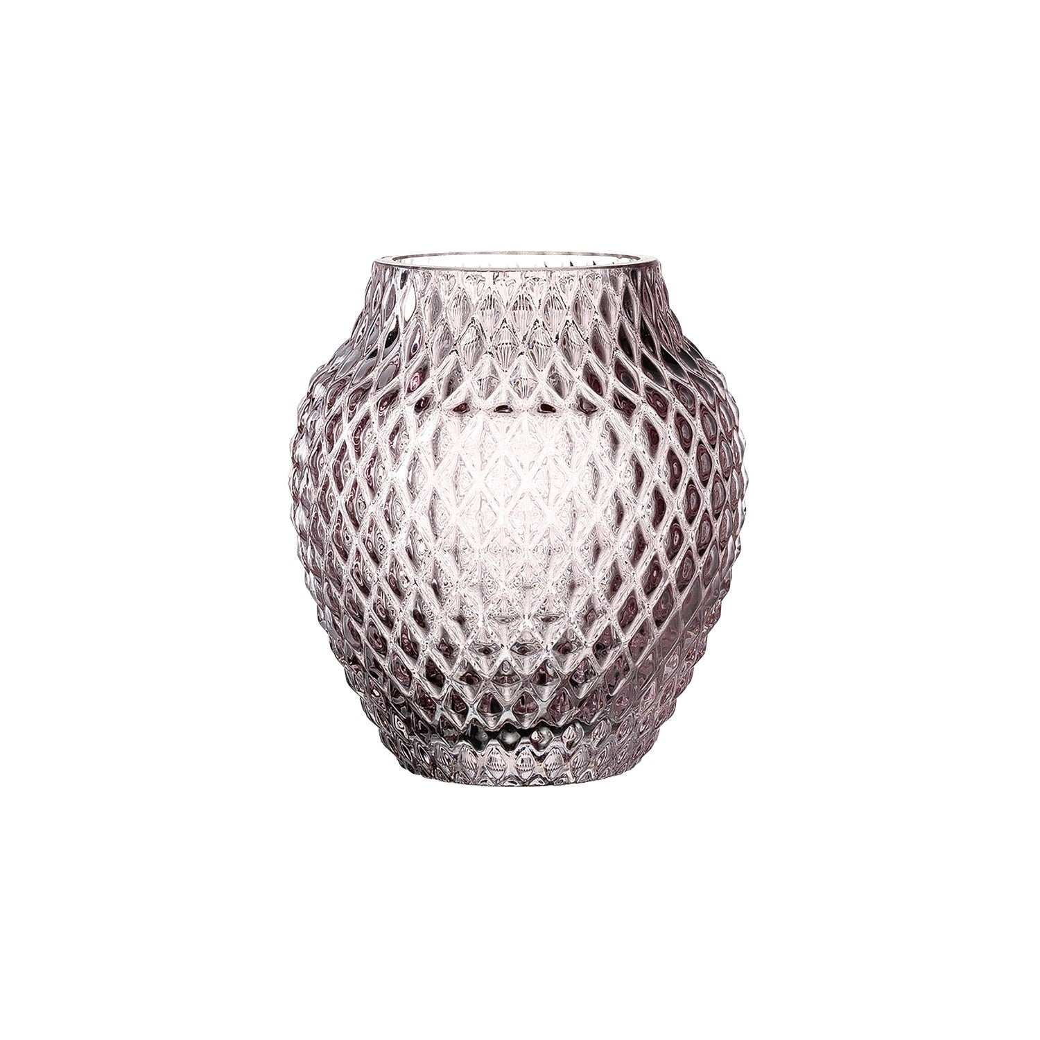 Tischvase POESIA 11 cm viola aus Glas mit Rautenmuster, Nahaufnahme vor weißem Hintergrund