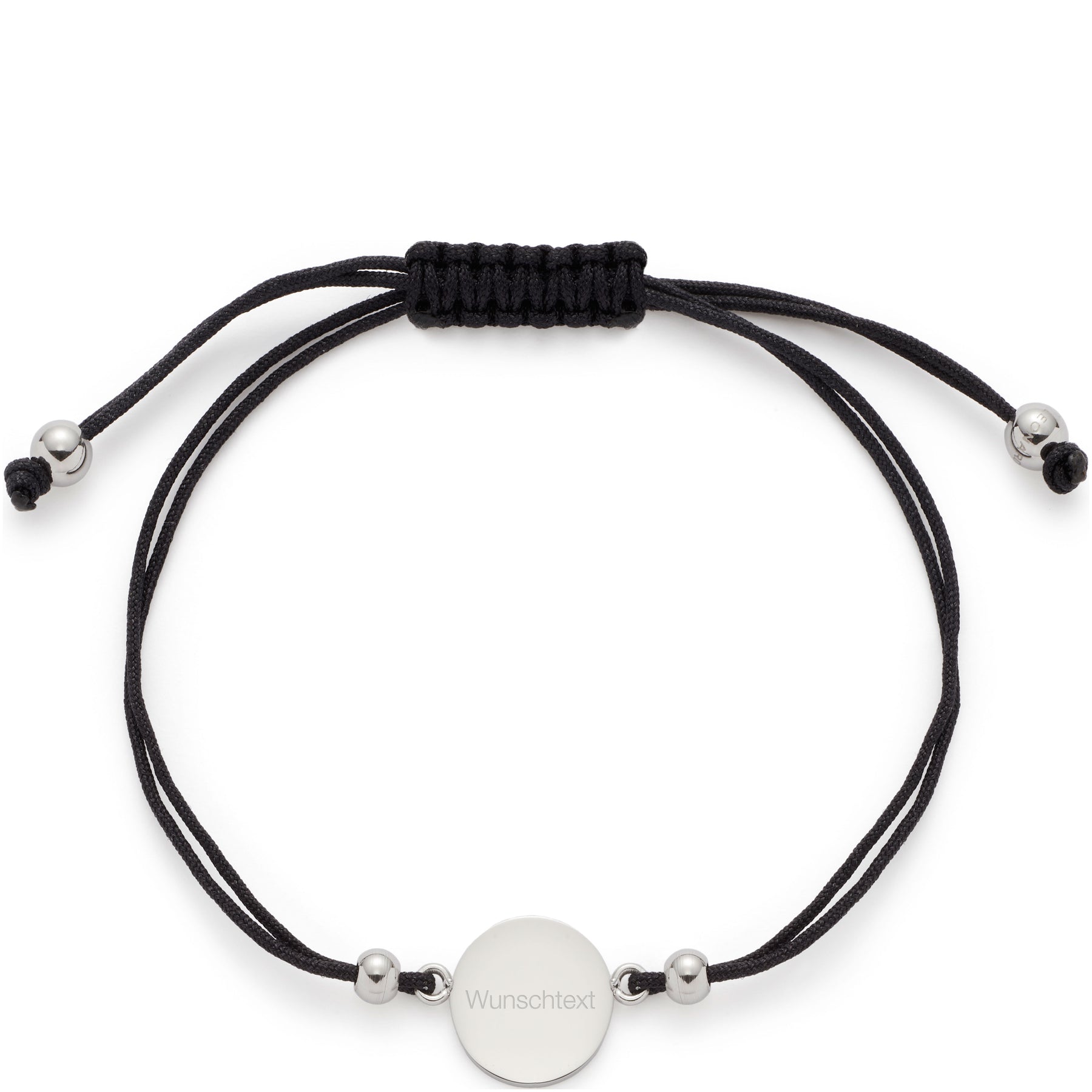 Armband MILA silber mit rundem Gravurplättchen und schwarzem Kordel-Verschluss