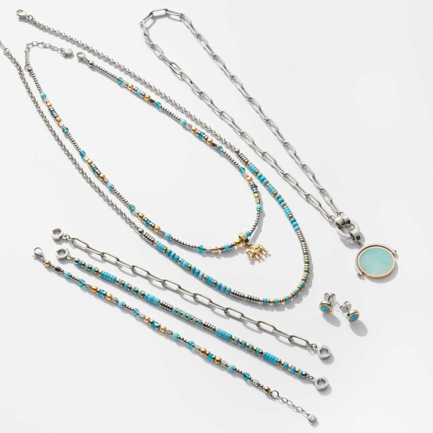 Armband ESTRELLA Clip & Mix und Ketten mit Perlen und Anhängern in Silber und Türkis
