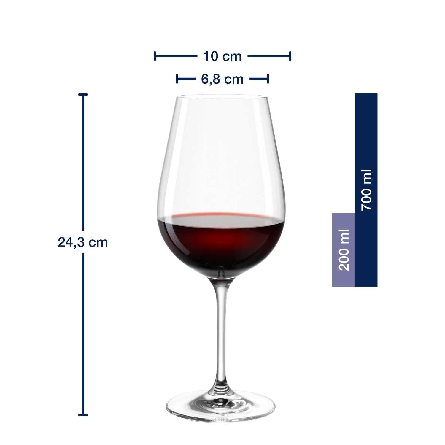 Rotweinglas TIVOLI mit Rotwein gefüllt, Massangaben zum Rotweinglas TIVOLI 700 ml