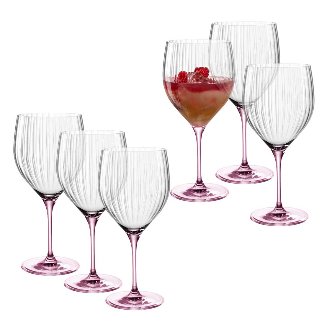 Cocktailglas POESIA 750 ml rosé 6er-Set, eines mit rotem Cocktail gefüllt