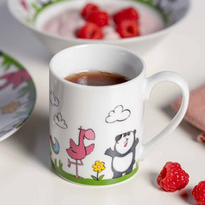 Kindergeschirr BAMBINI mit Flamingo, Panda und Blumenmotiv, Kaffeetasse mit Himbeeren und Servierteller