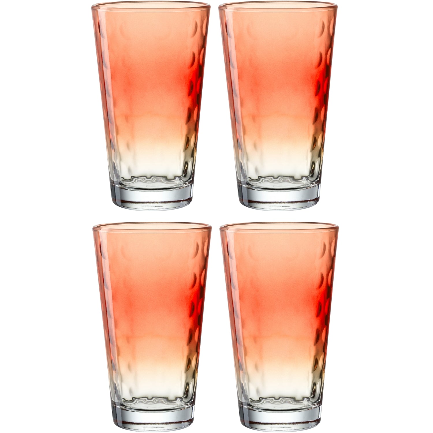 Vier korallenfarbene Trinkgläser OPTIC 540 ml im 4er Set, arrangiert in zwei Reihen