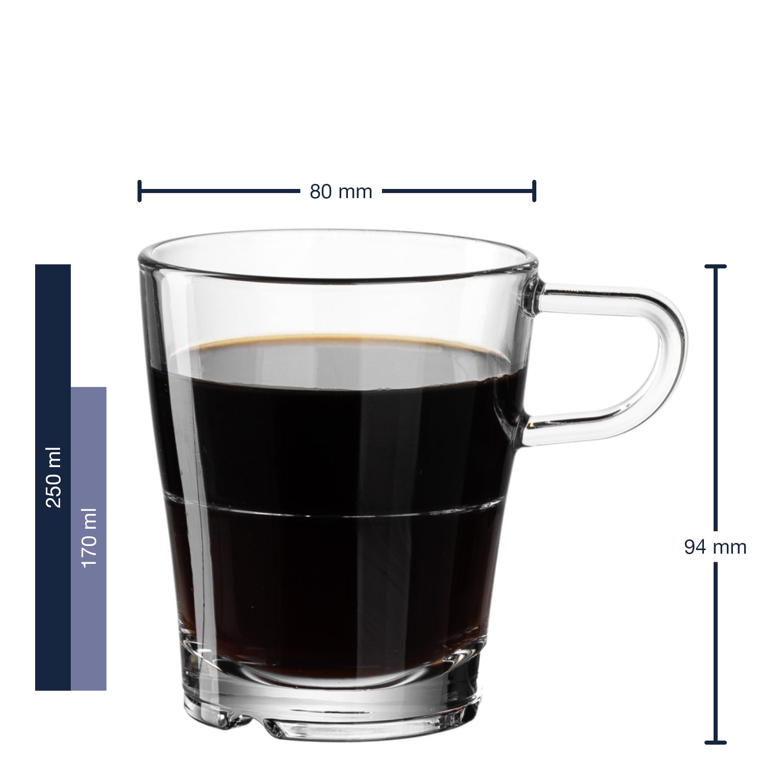 Massangaben zu Tasse SENSO 250 ml mit schwarzem Kaffee gefüllt