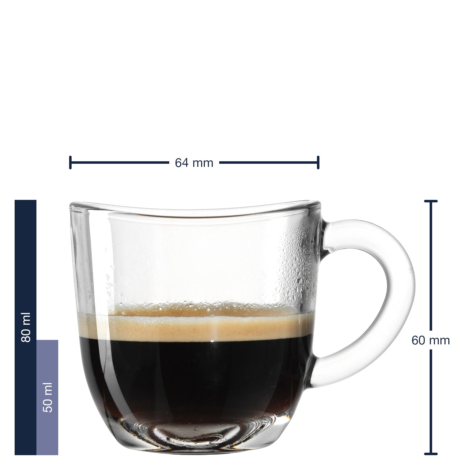 Espressotasse NAPOLI mit Espresso gefüllt, Massangaben