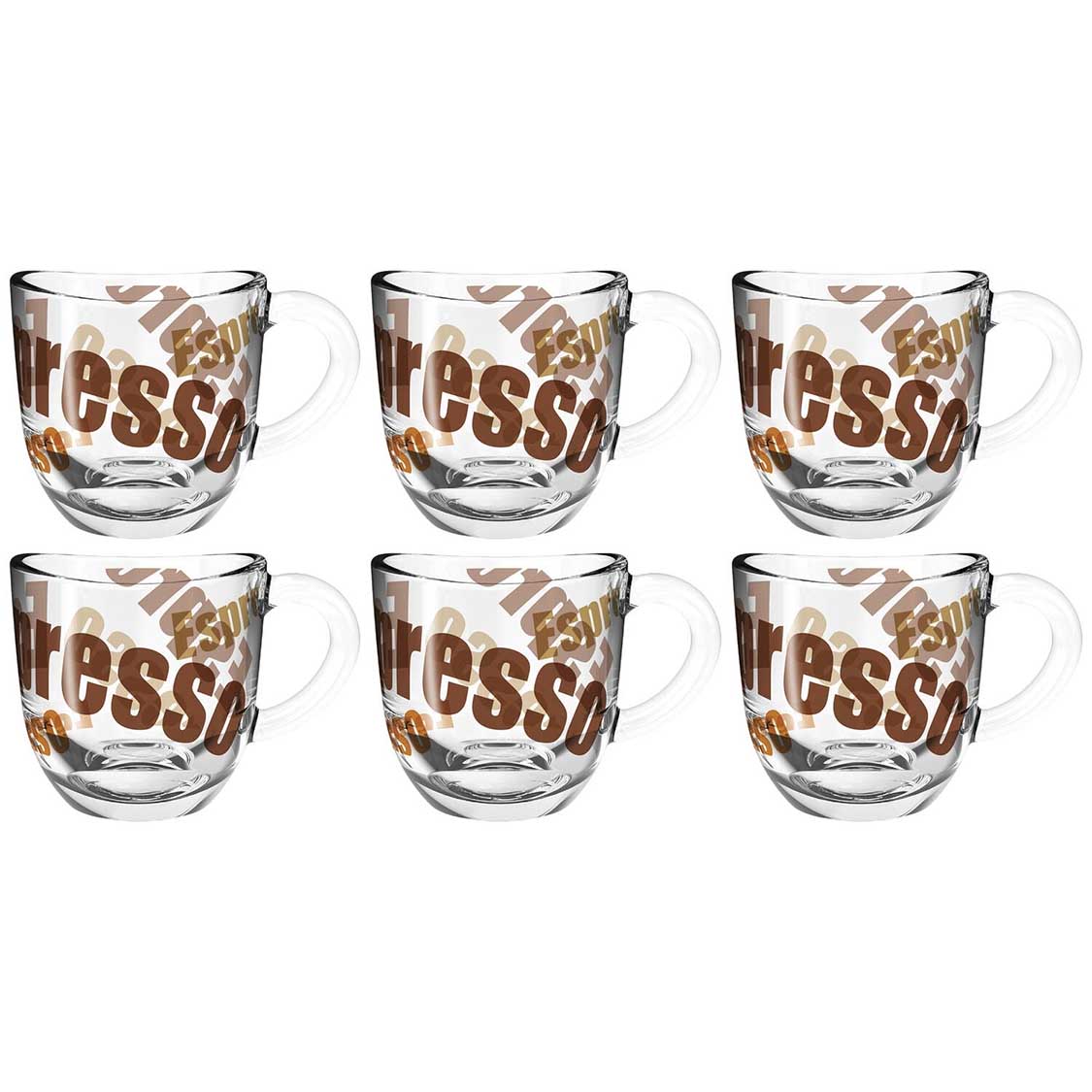 Sechs Espressotassen NAPOLI mit braunem Schriftzug auf weißem Hintergrund, Glasgriffe sichtbar