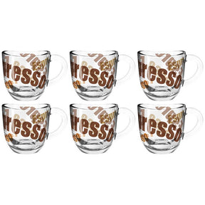 Sechs Espressotassen NAPOLI mit braunem Schriftzug auf weißem Hintergrund, Glasgriffe sichtbar