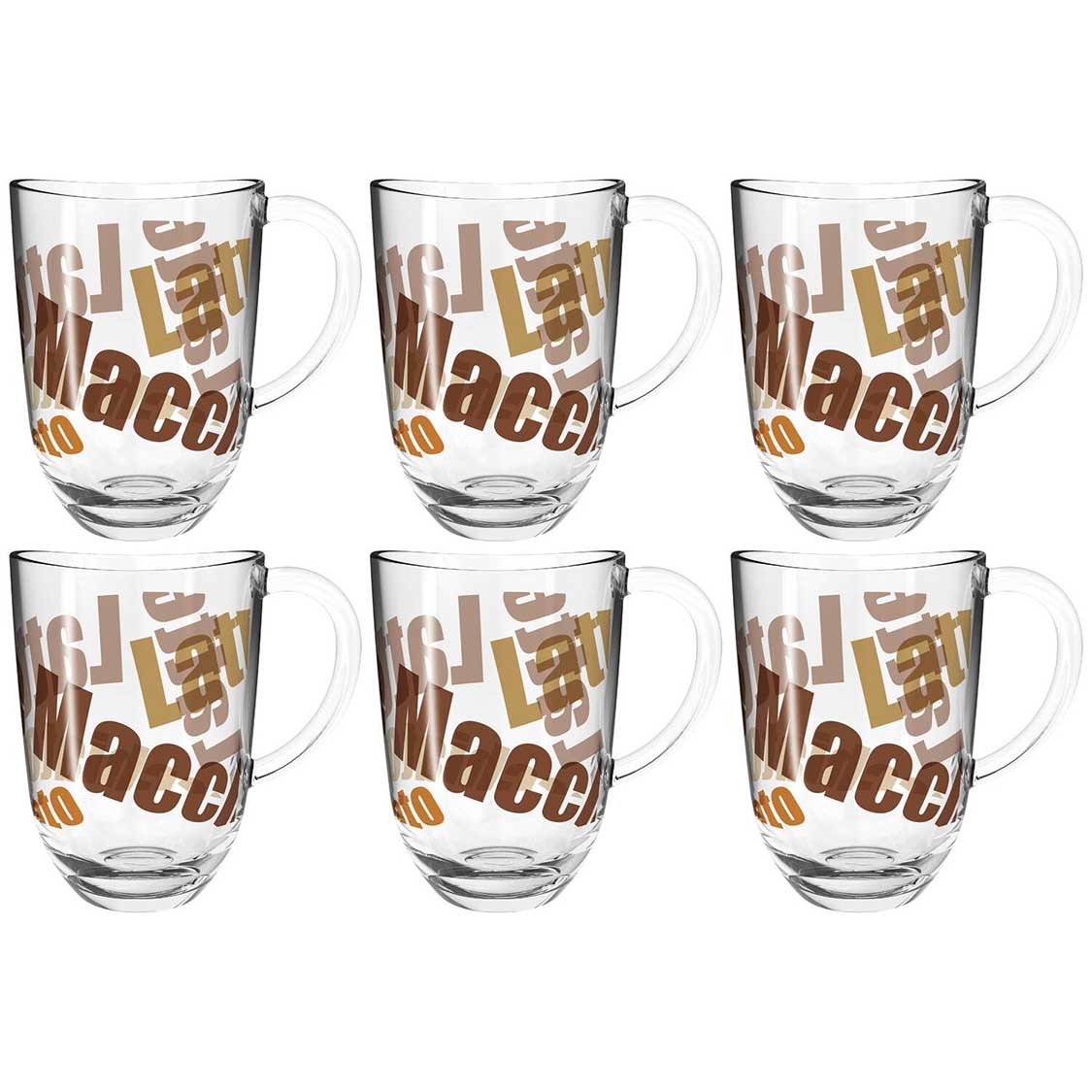 Sechs Latte Macchiato Tassen NAPOLI mit braun-beiger Schrift auf Glas, Henkel, Anordnung 3x2