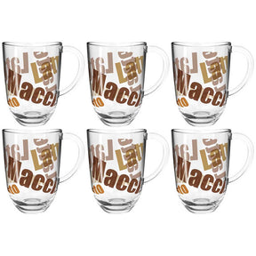 Sechs Latte Macchiato Tassen NAPOLI mit braun-beiger Schrift auf Glas, Henkel, Anordnung 3x2