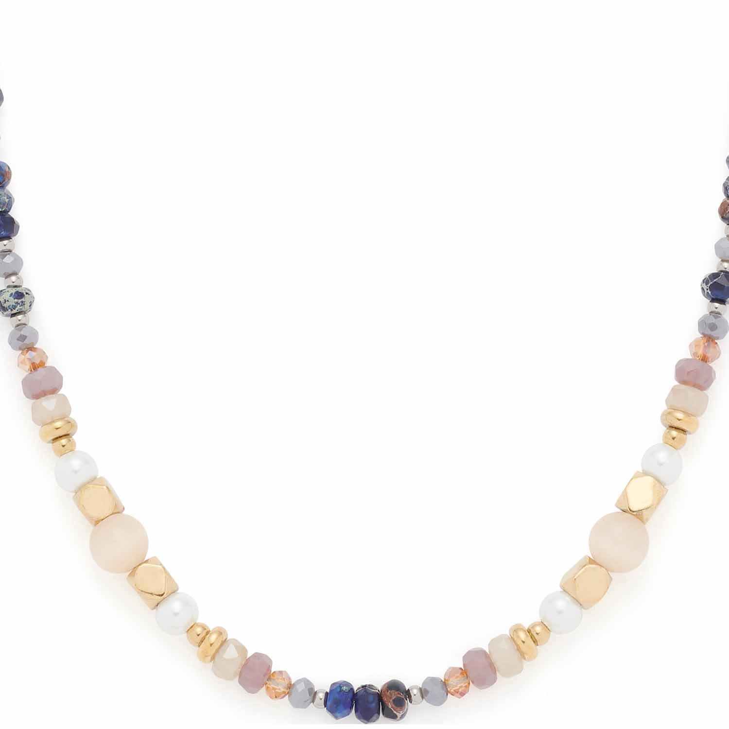 Halskette BABSI mit mehrfarbigen Glasperlen in Beige, Grau und Blau