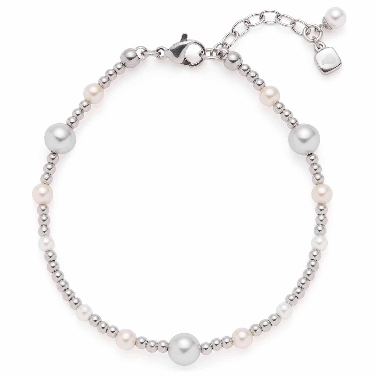 Armband ELSANA silber mit Perlen und Metallperlen, Karabinerverschluss und Verlängerungskette