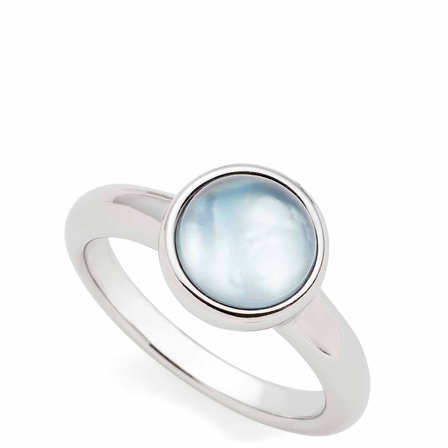 Ring BEA 18 grau blau mit rundem Glaselement auf weißem Untergrund