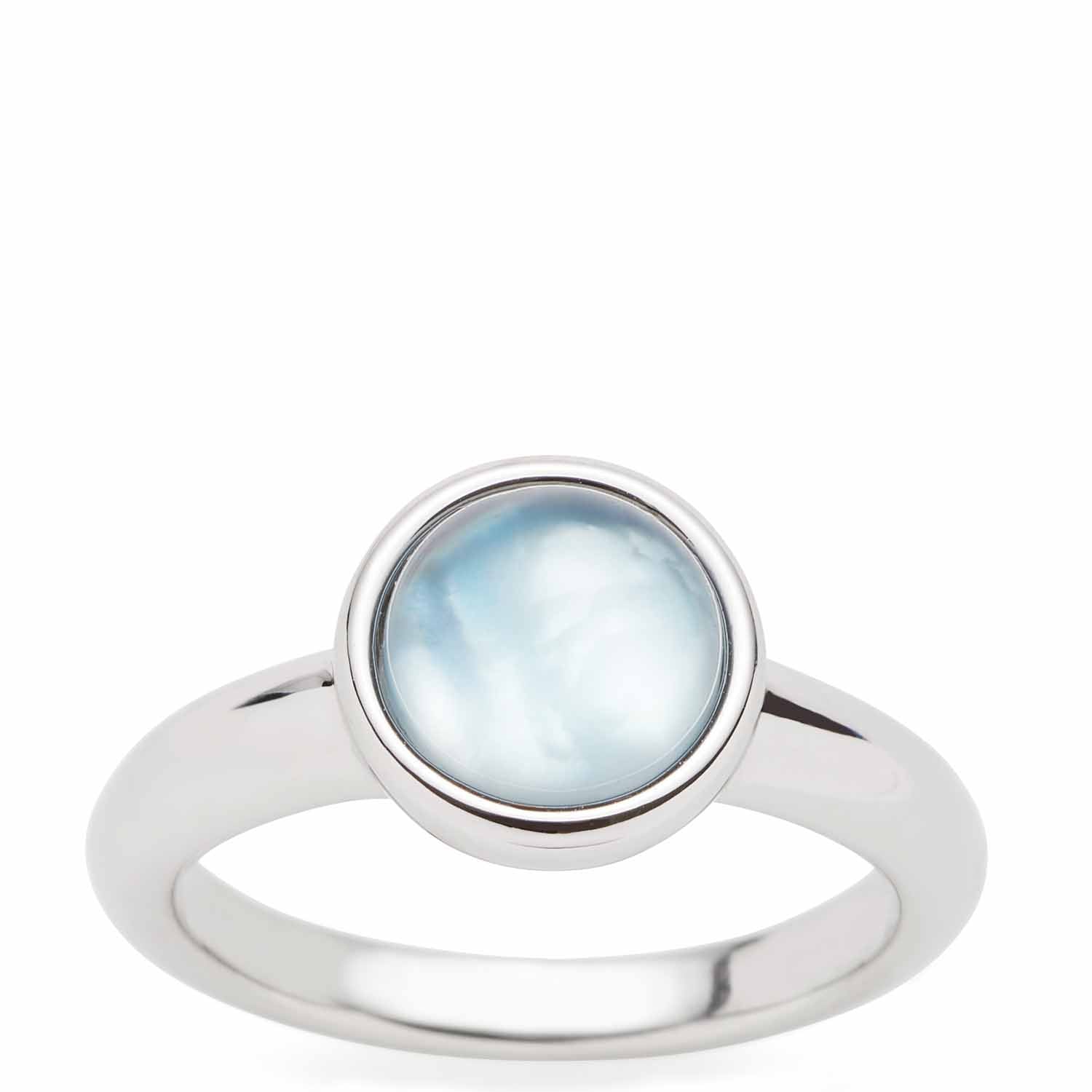 Ring Bea 20 grau blau mit rundem Glaskabochon auf weißem Hintergrund