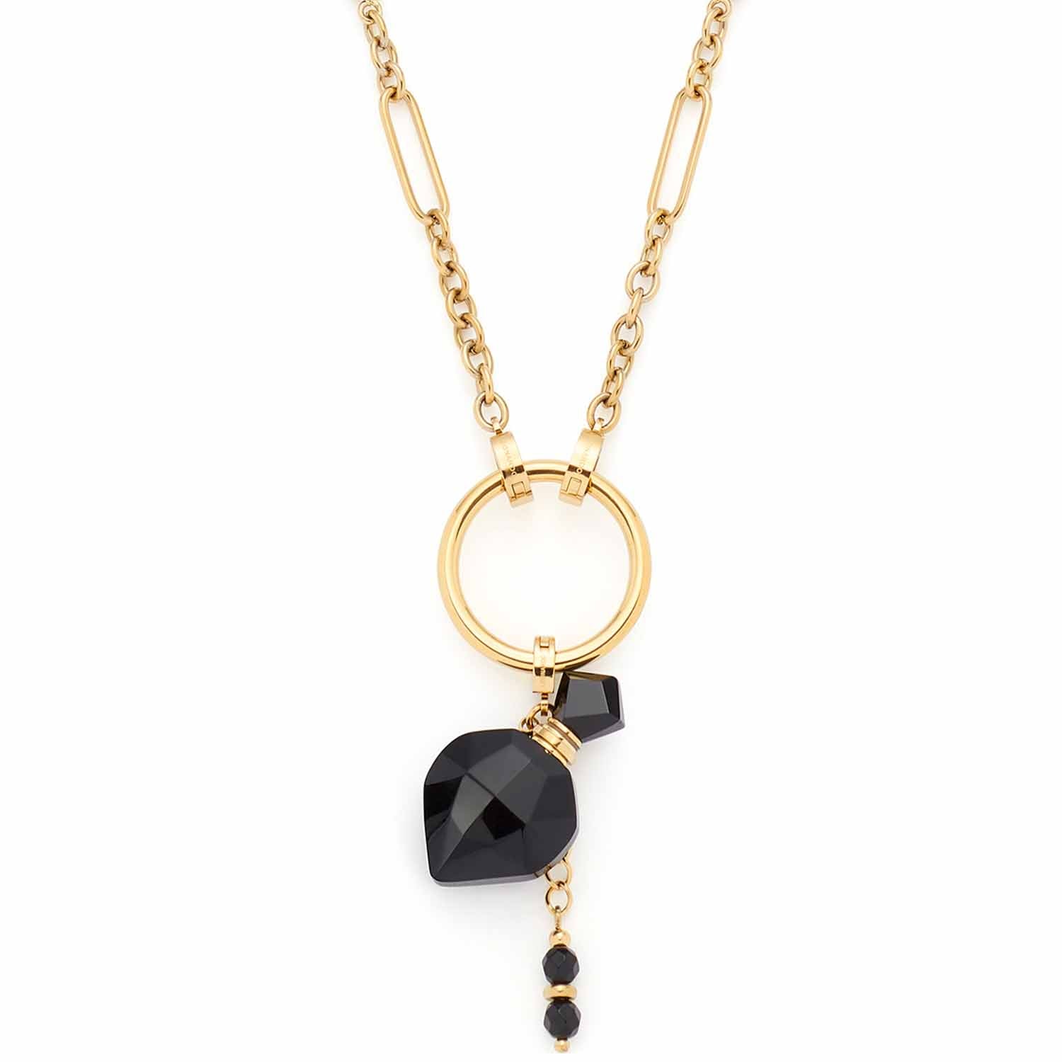 Halskette DELICA mit goldenem Kettenglied, goldenem Ring und schwarzen Glasperlen