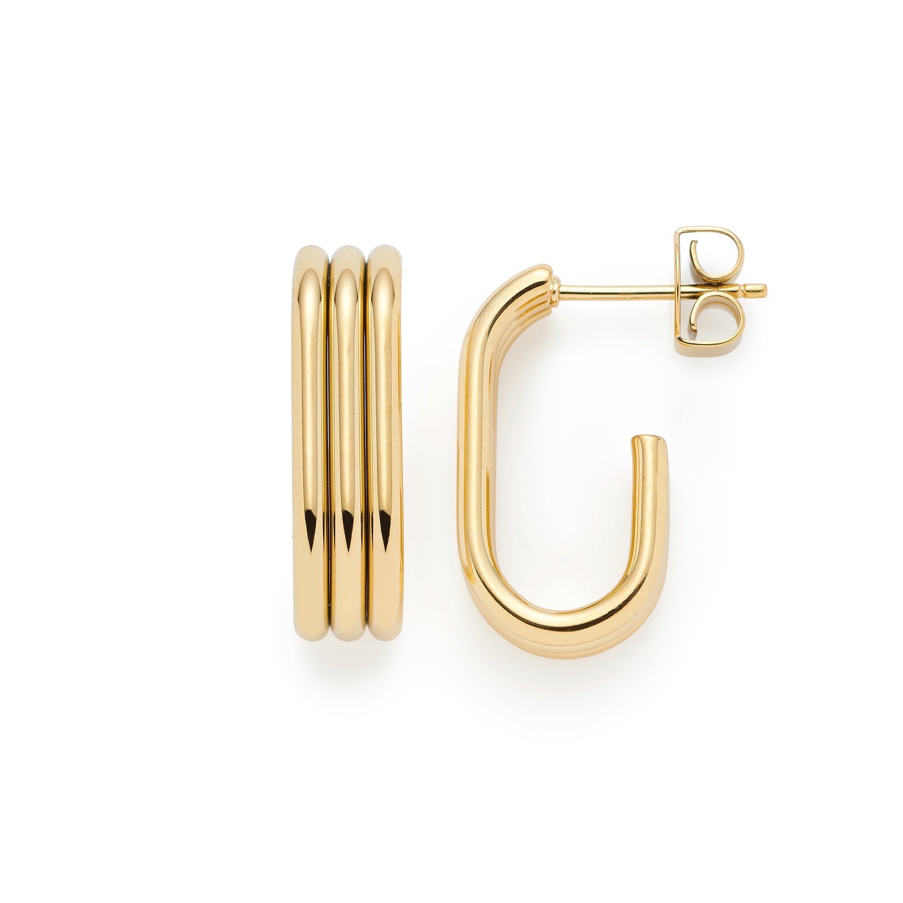 Ohrstecker ELISABETH gold, Paar, U-Form mit vertikalen Rillen, Stecker von vorne und von der Seite