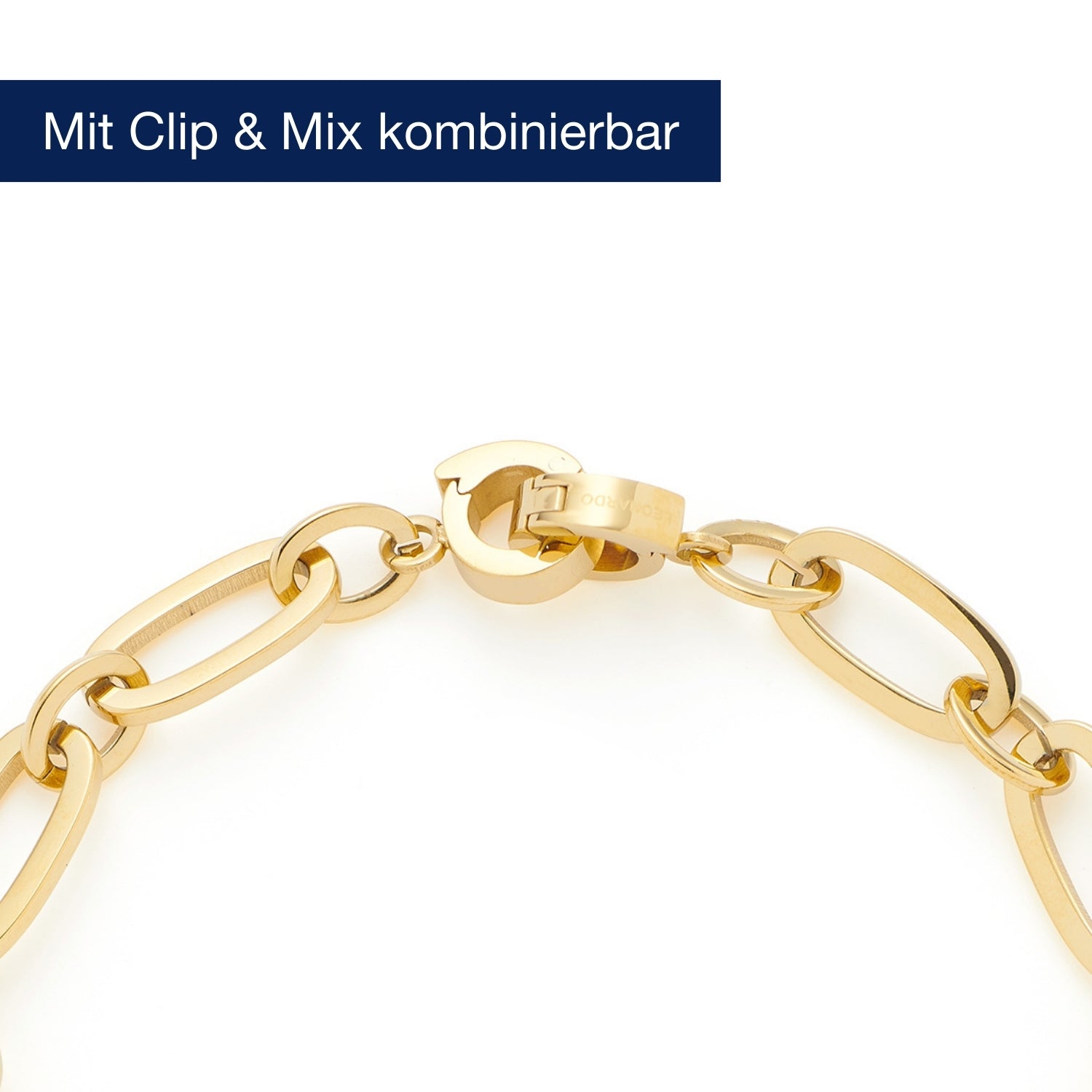 Goldenes Armband DOTTY mit Clip & Mix Verschluss, Kettenglieder und Verschlussmechanismus in Nahaufnahme