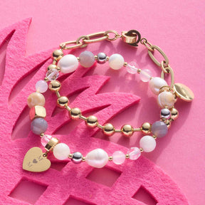 Armband DOTTY gold Clip & Mix auf rosa Textil mit Perlen und Herzanhänger