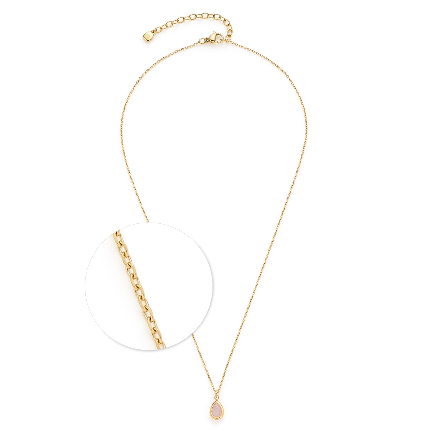 Halskette ROSY 42 cm gold CIAO mit rosa Glaspendel und Detailaufnahme der Kettenglieder