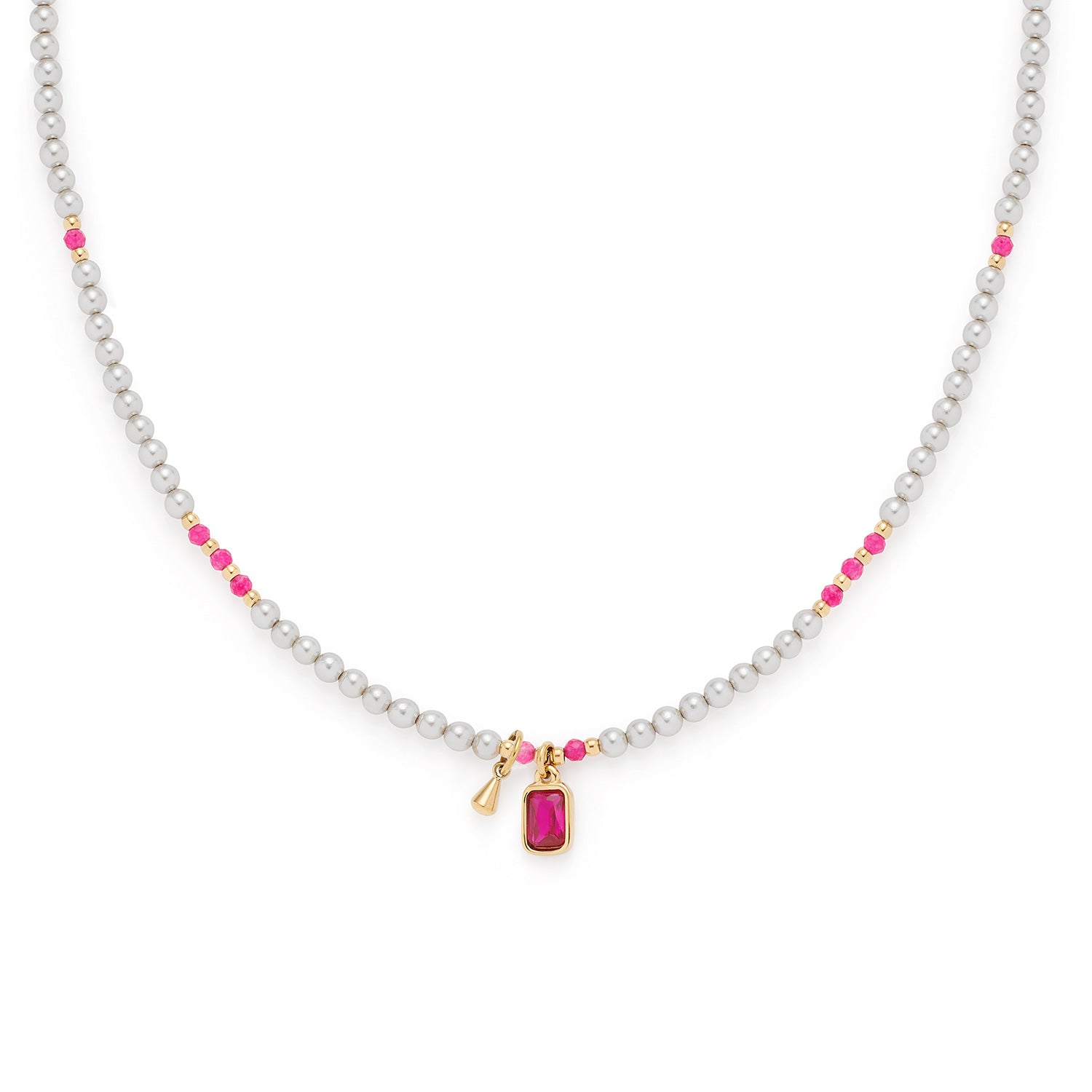 Halskette PINKY 42 cm gold CIAO mit silbernen und pinken Glasperlen, goldenem Verschluss und rosa Glasanhänger