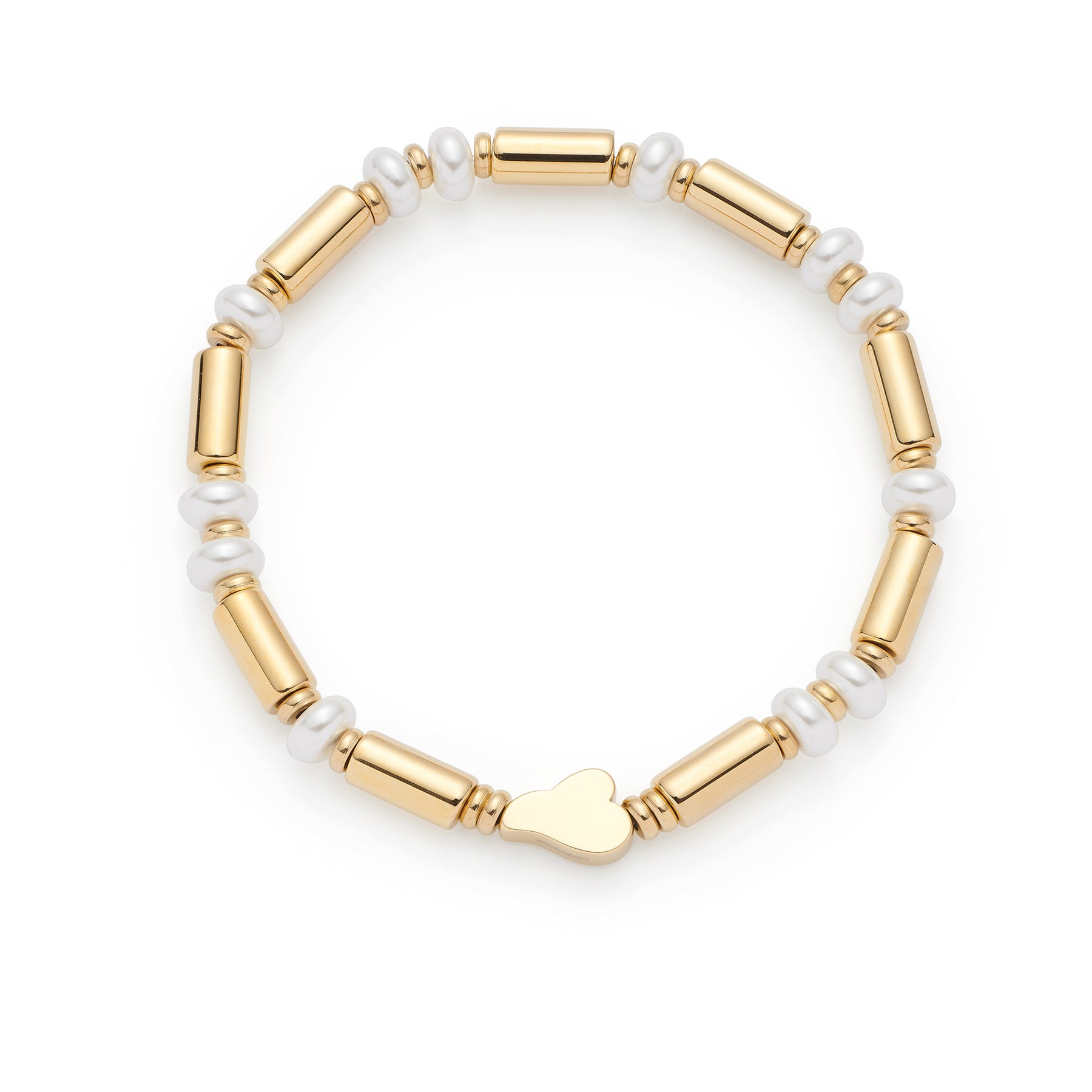 Armband NINA gold mit goldenen Zylindern und weißen Muschelelementen, Herzanhänger