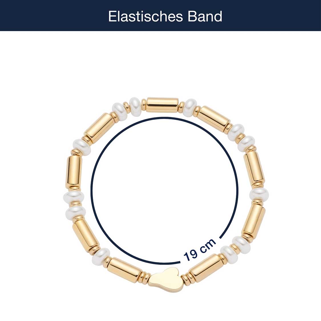 Armband NINA gold mit goldenen Röhrchen und Muschelperlen, elastisches Band, Massangaben