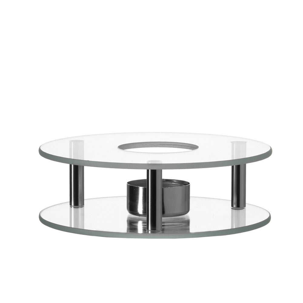 Stövchen SCALDINO aus klarem Glas mit zwei Glasplatten und Metallgestell