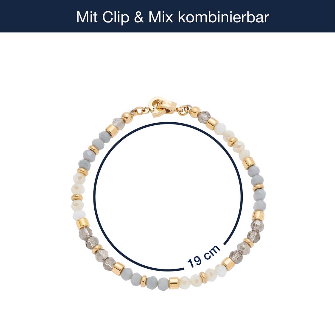 Armband BERNIE Clip & Mix gold mit Glasperlensträngen in grau und beige, Massangaben