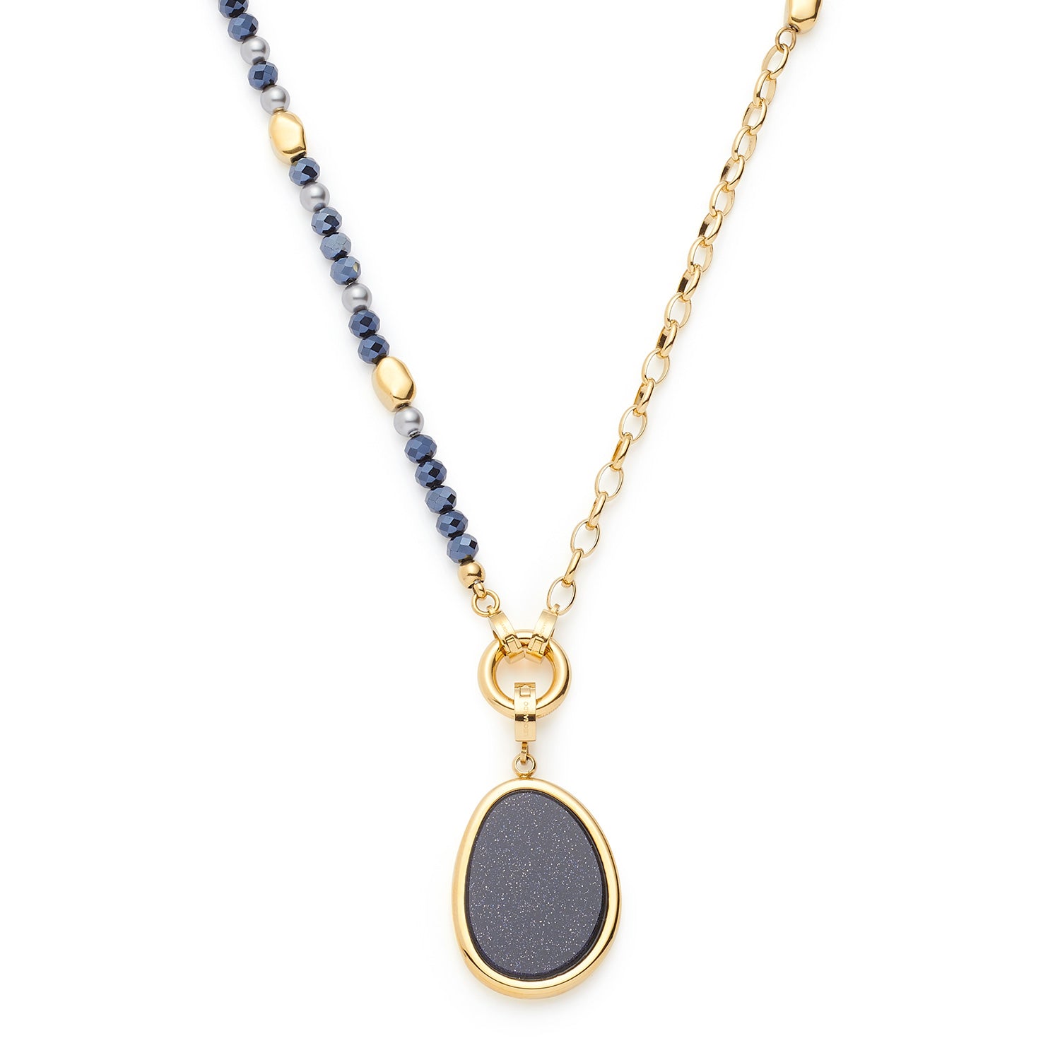 Halskette CHARLENE mit blauen Glasperlen, goldenen Kettengliedern und ovalem grauem Glasanhänger