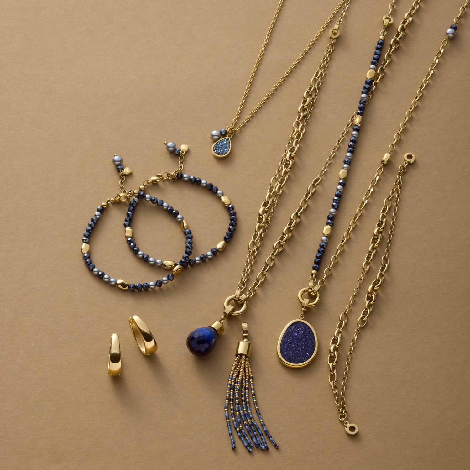 Schmuckset CHARLENE mit Halsketten, Armbändern und Ohrringen in Gold und Blau