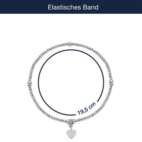 Elastisches Armband NOEMI CIAO mit Perlenreihe und Herzanhänger in Silber, Massangaben