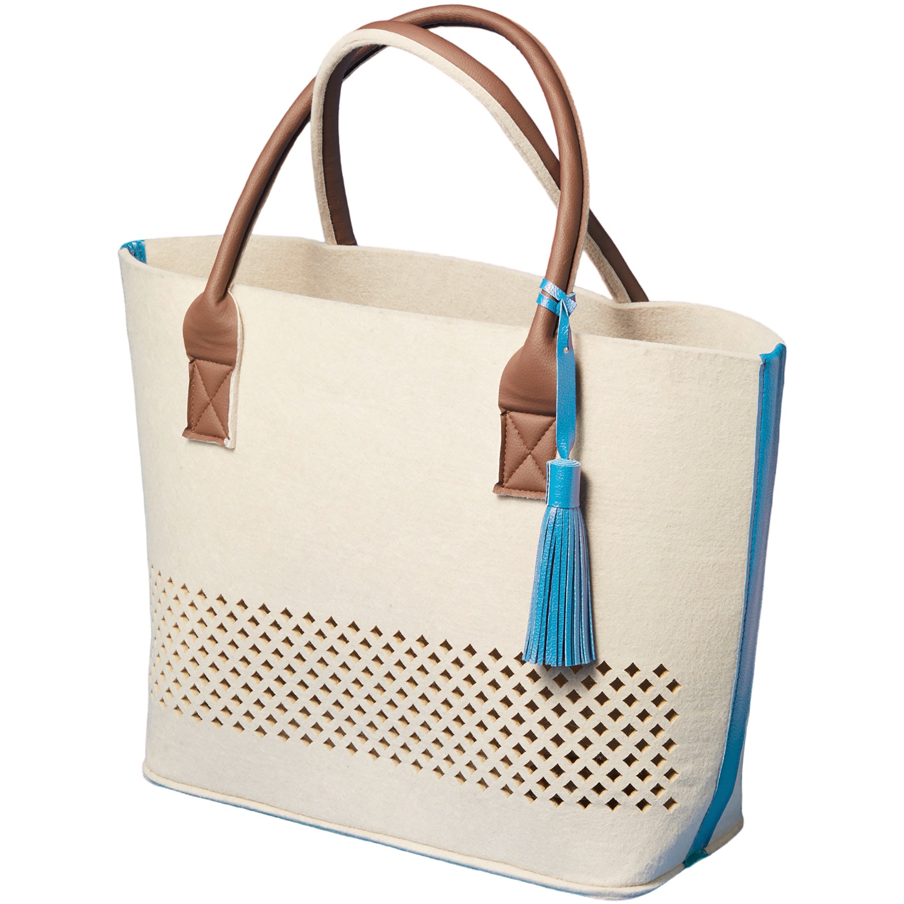 LEONARDO Beach Bag blau, Strandtasche beige mit braunen Henkeln und blauen Quasten
