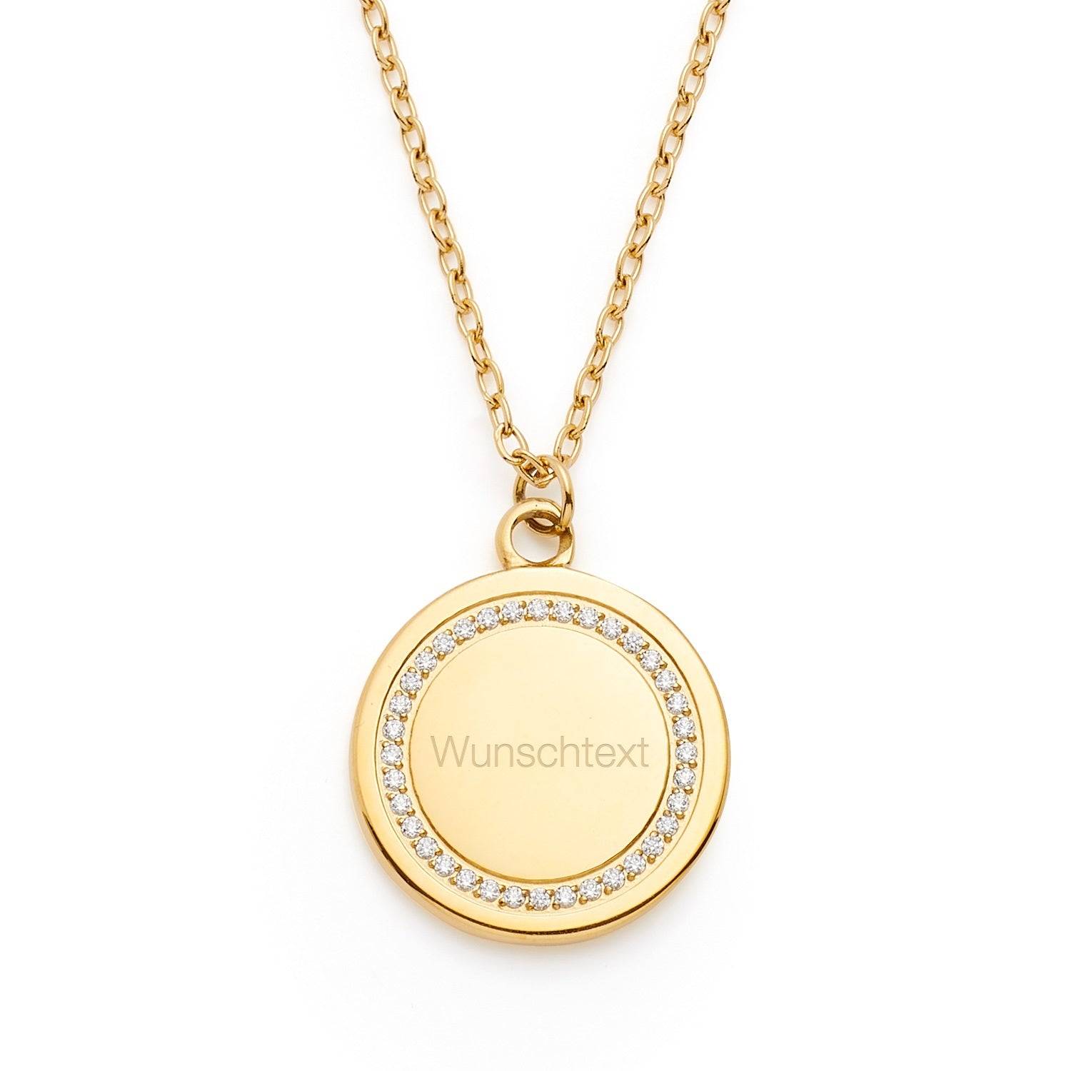 Halskette FERRARA gold mit rundem Anhänger, Gravur "Wunschtext" und Zirkonia-Rand