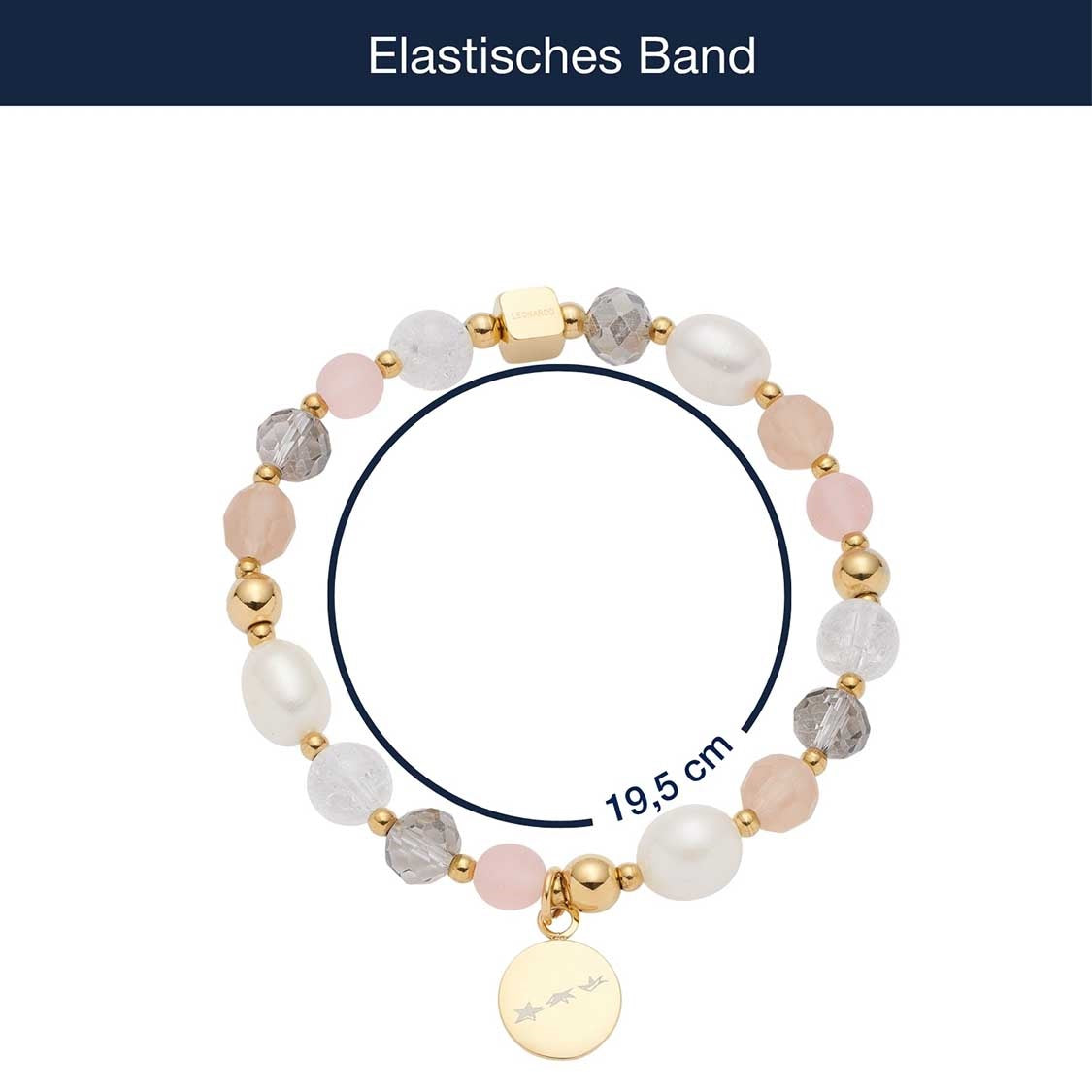 Elastisches Armband HOPE mit Perlen, Metallakzenten und gravierter Plakette, Größenangabe
