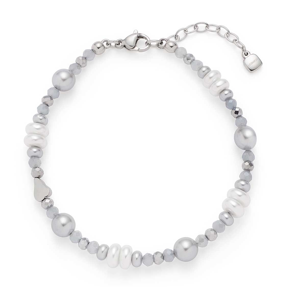Armband KLARA mit grauen und weißen Perlen auf weißem Hintergrund