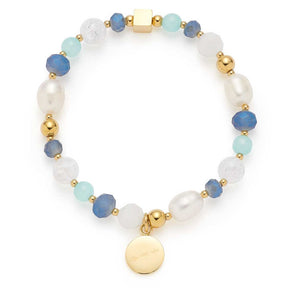 Armband HOPE mit Perlen, blauen Steinen, hellblauen Perlen, goldenen Metallteilen und goldenem Anhänger