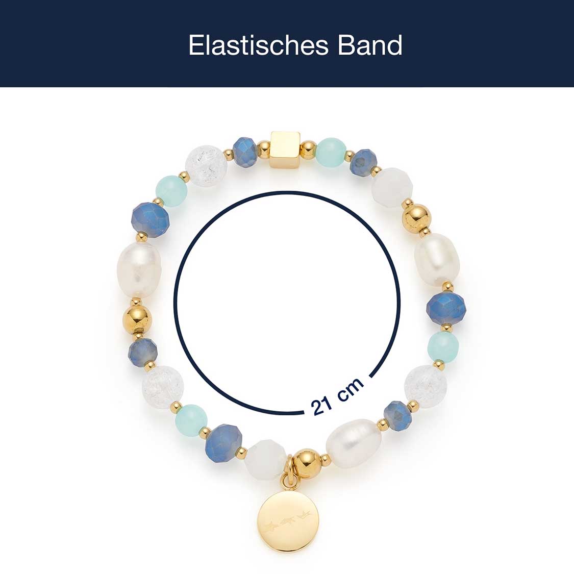 Armband HOPE gold/blau mit Perlen und Anhänger, Massangaben