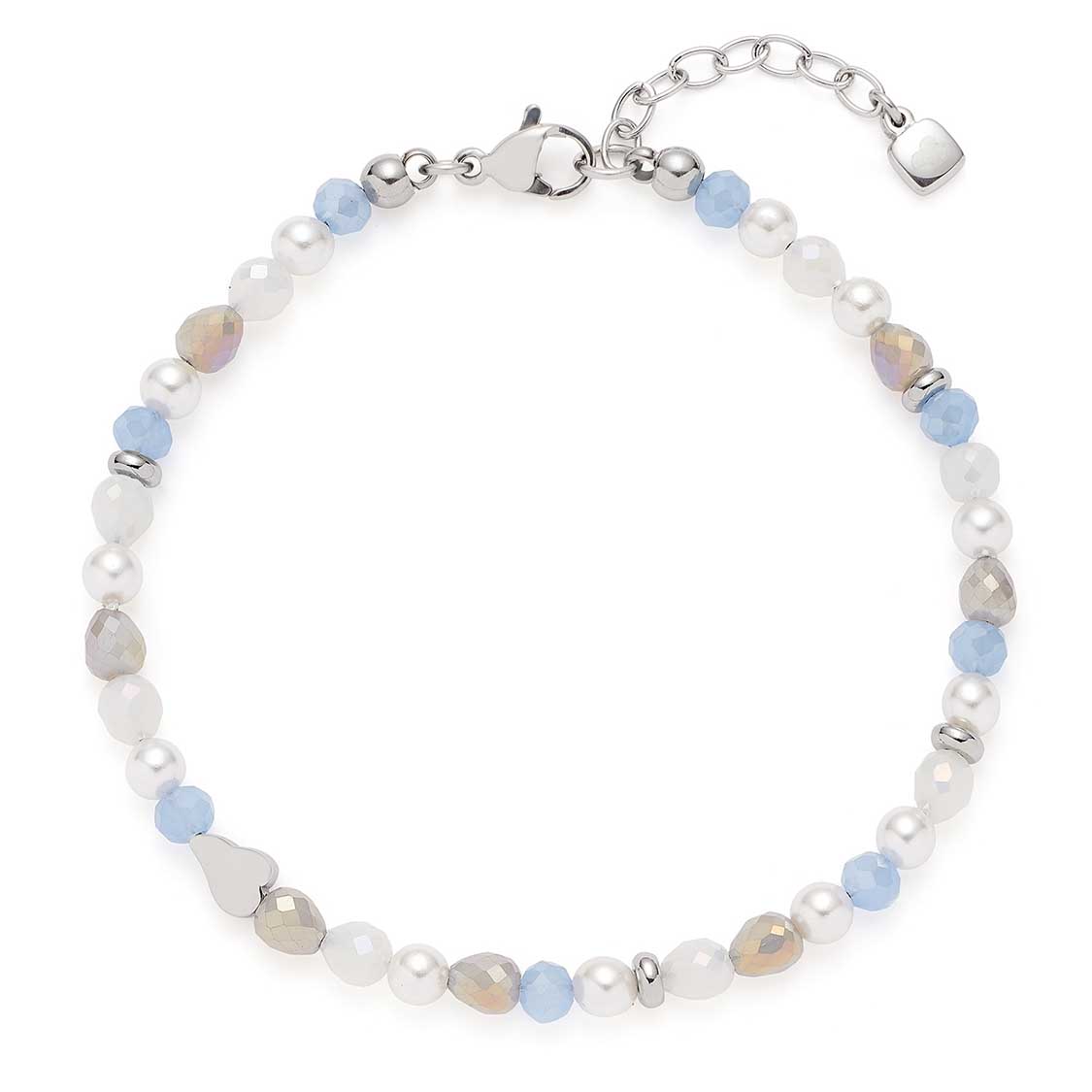 Armband FRANZI Sommer Special mit Perlen und Steinen in Weiß, Blau und Beige, Silberverschluss
