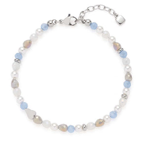 Armband FRANZI Sommer Special mit Perlen und Steinen in Weiß, Blau und Beige, Silberverschluss