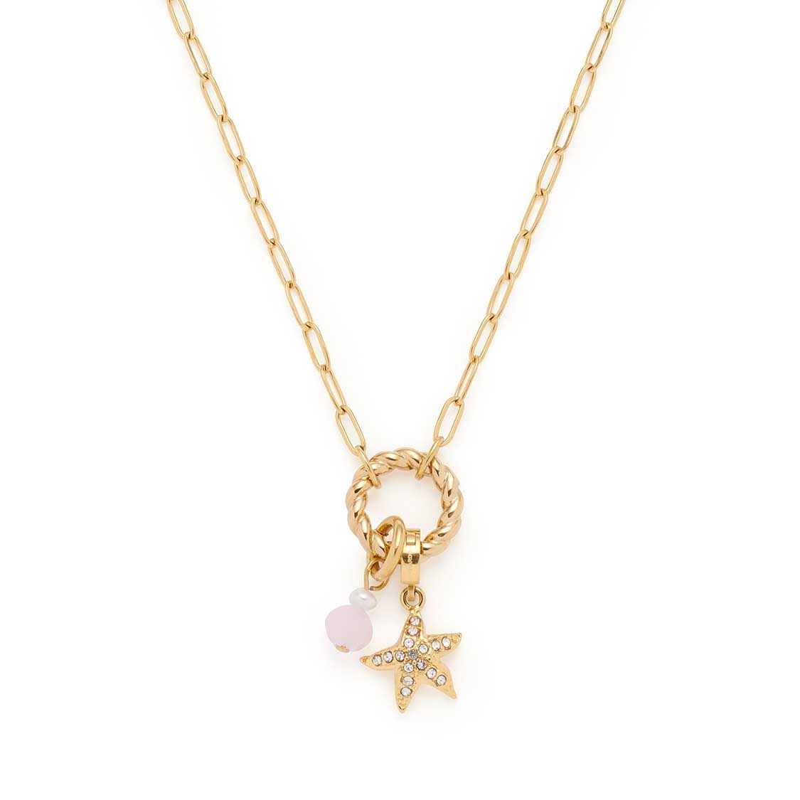 Halskette FRANZI mit Gliederkette, Ringanhänger, rosa Perle und Seestern-Charm in Gold